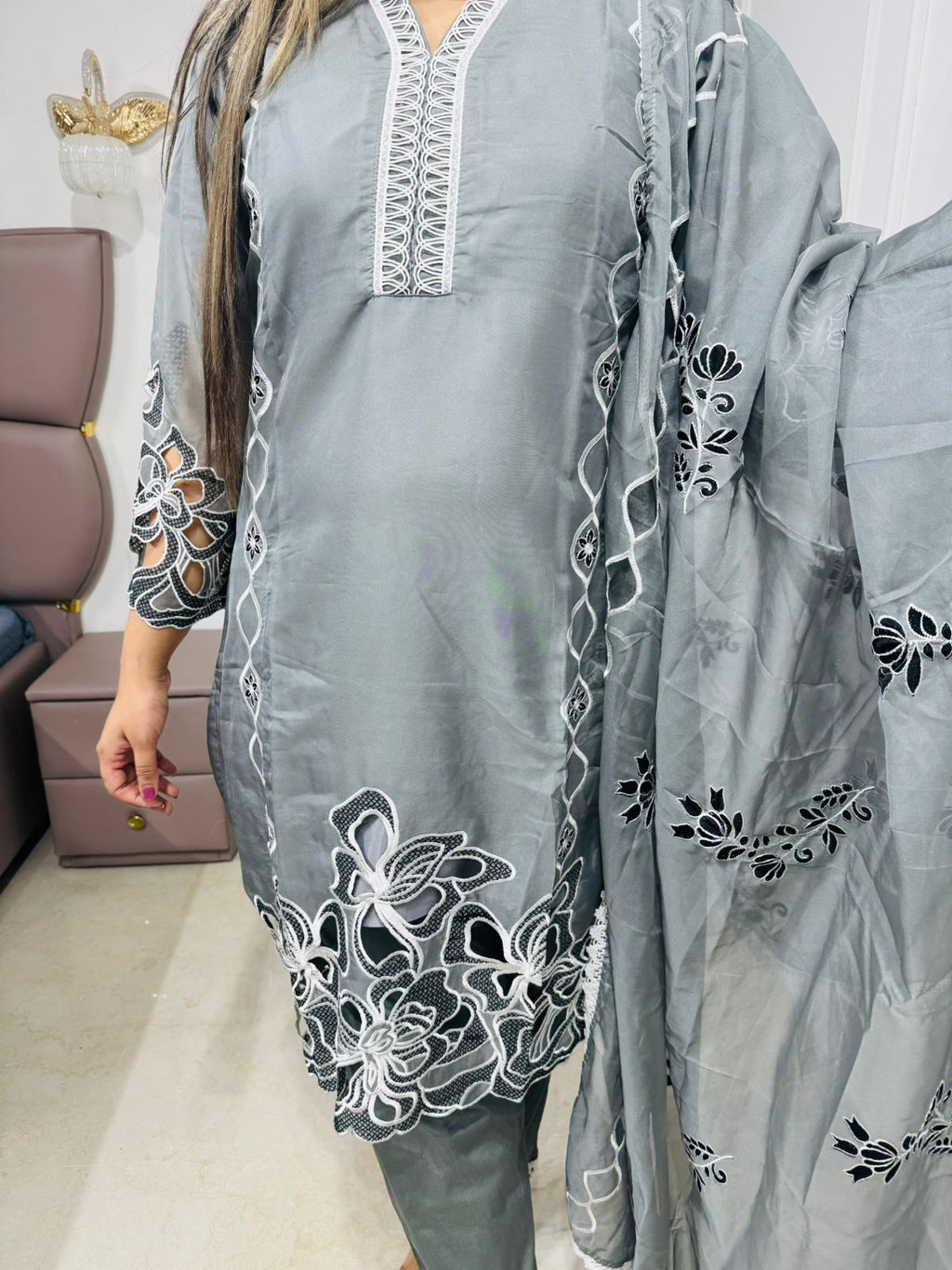 Kamini🌼 | Designer Grey Suit Set with Floral Laser Cut Embroidery and Contrast Edging