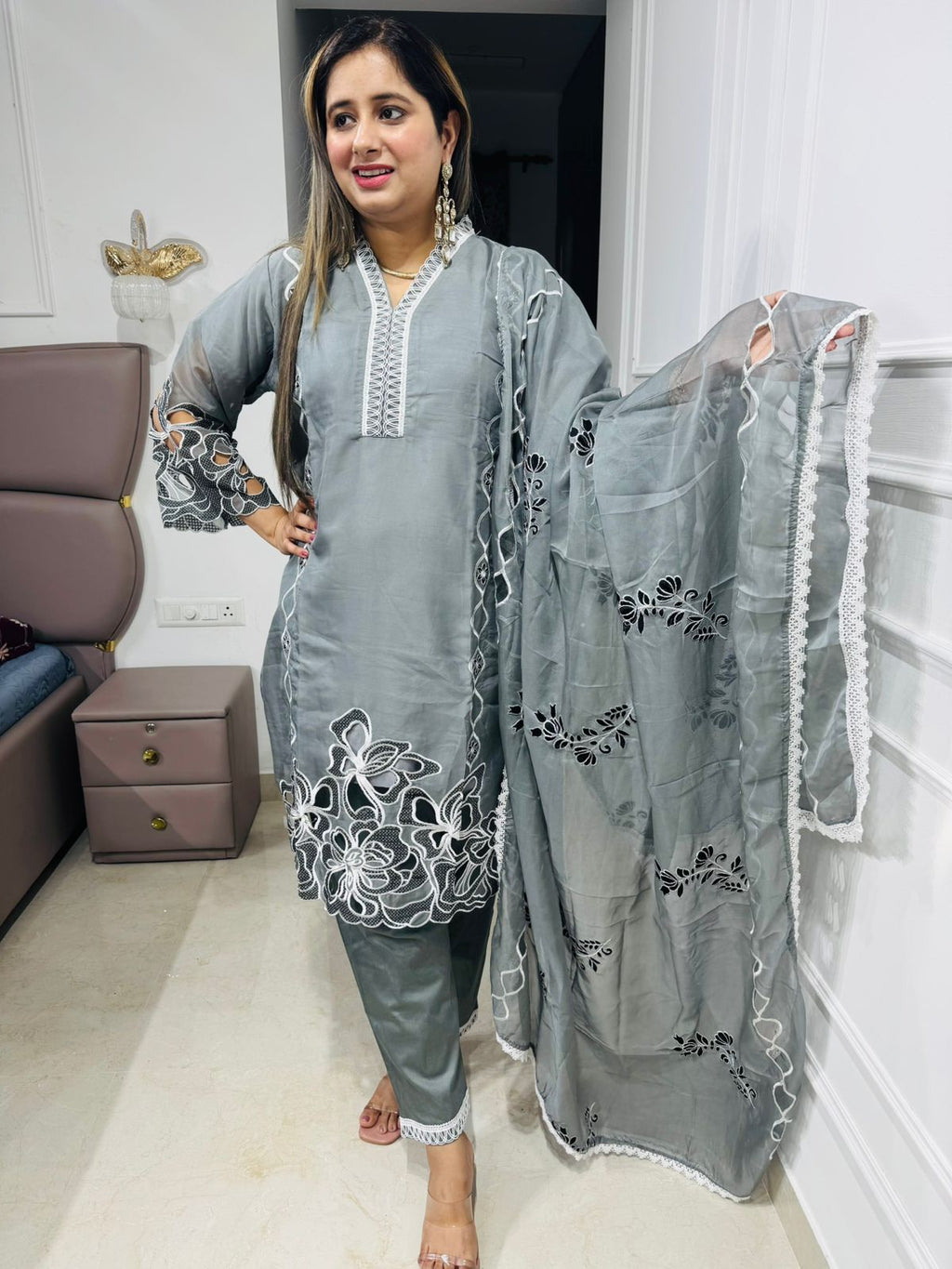 Kamini🌼 | Designer Grey Suit Set with Floral Laser Cut Embroidery and Contrast Edging