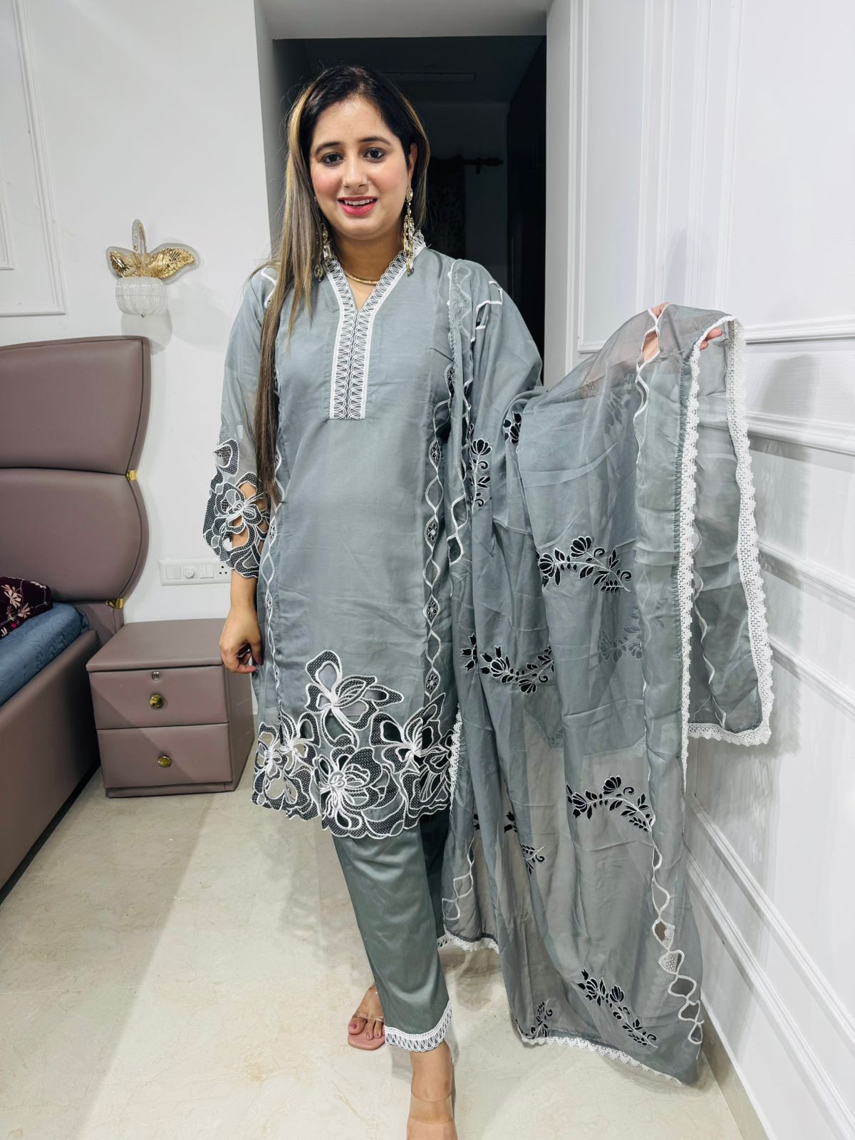Kamini🌼 | Designer Grey Suit Set with Floral Laser Cut Embroidery and Contrast Edging
