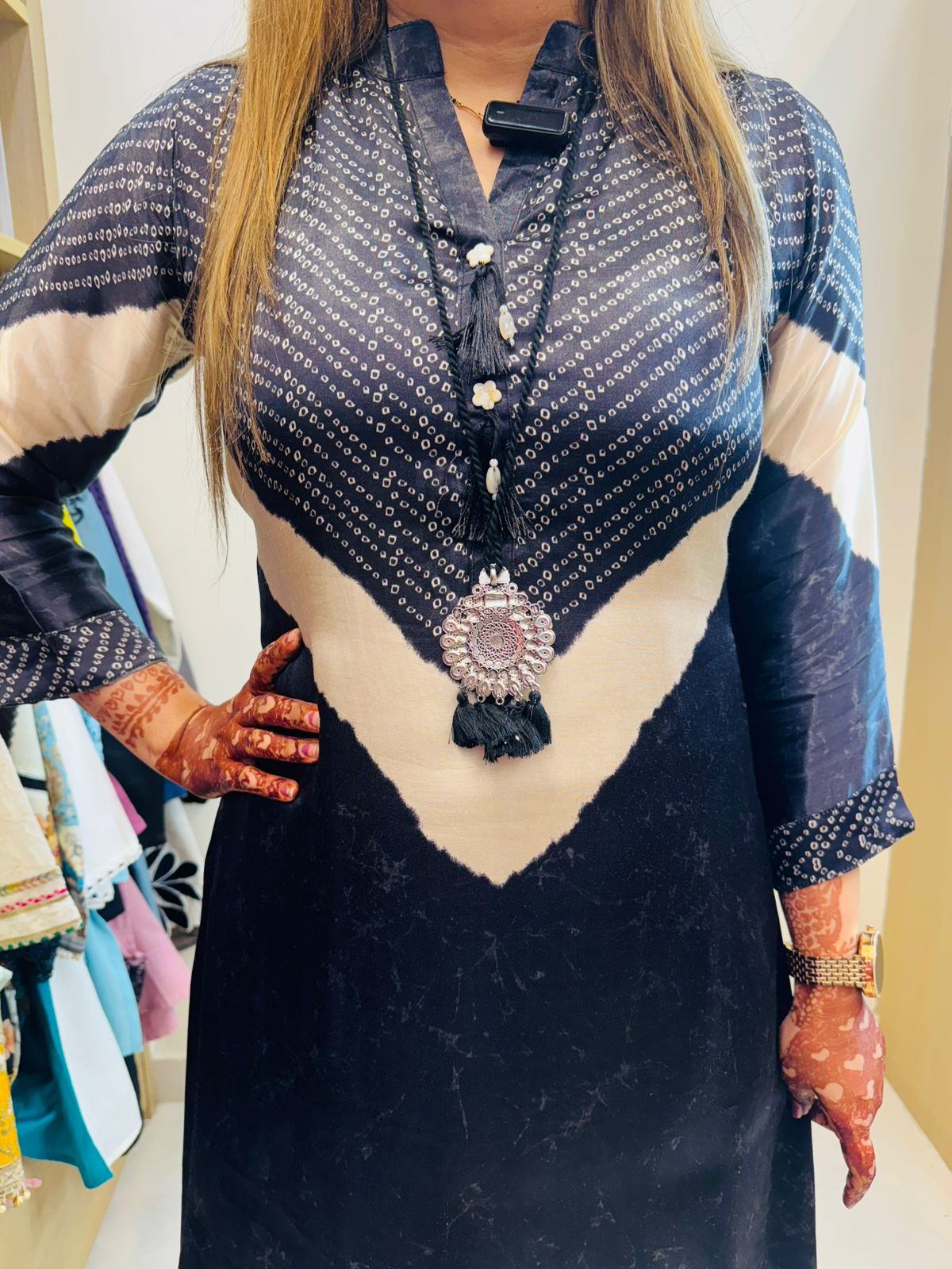 Nami🌊 | Designer Black Tie-Dye Straight Kurta Set with Abstract Chevron Yoke