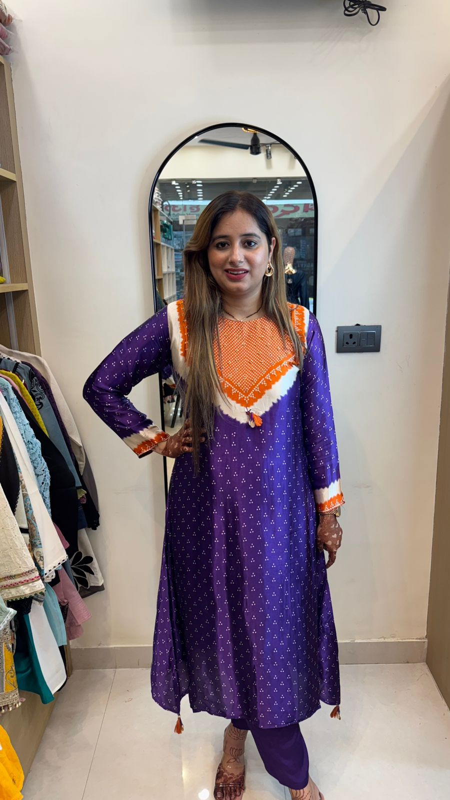 Nandini🦋 | Vibrant Indigo Anarkali Suit Set with Orange Ikat Patch Detail