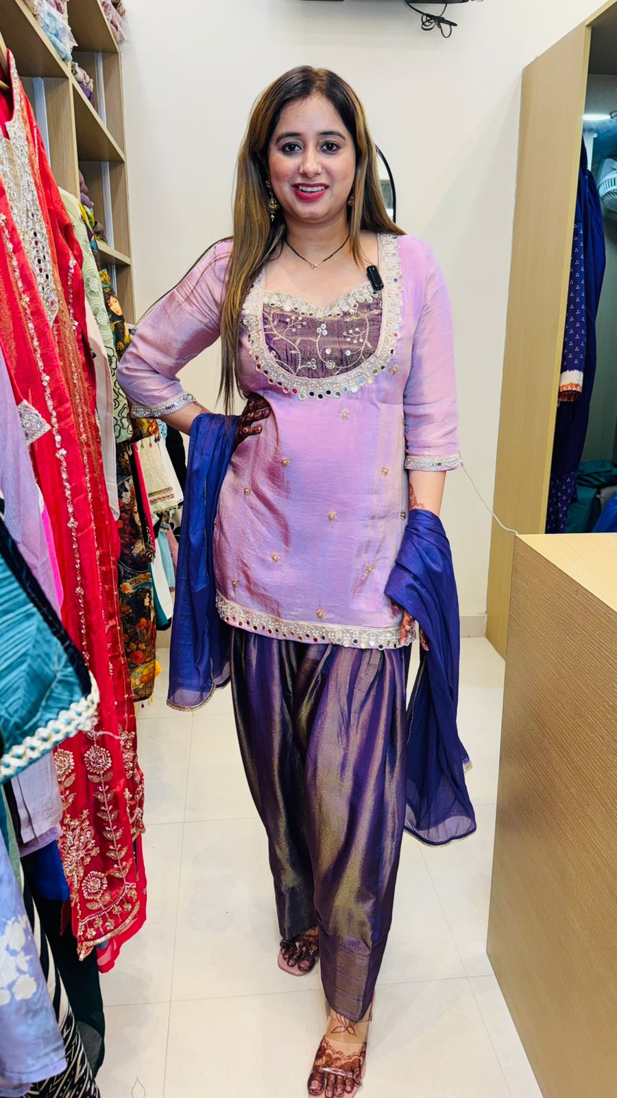 Janvi🪷 | Designer Lavender Punjabi Suit Set with Navy Silk Patiala & Dupatta