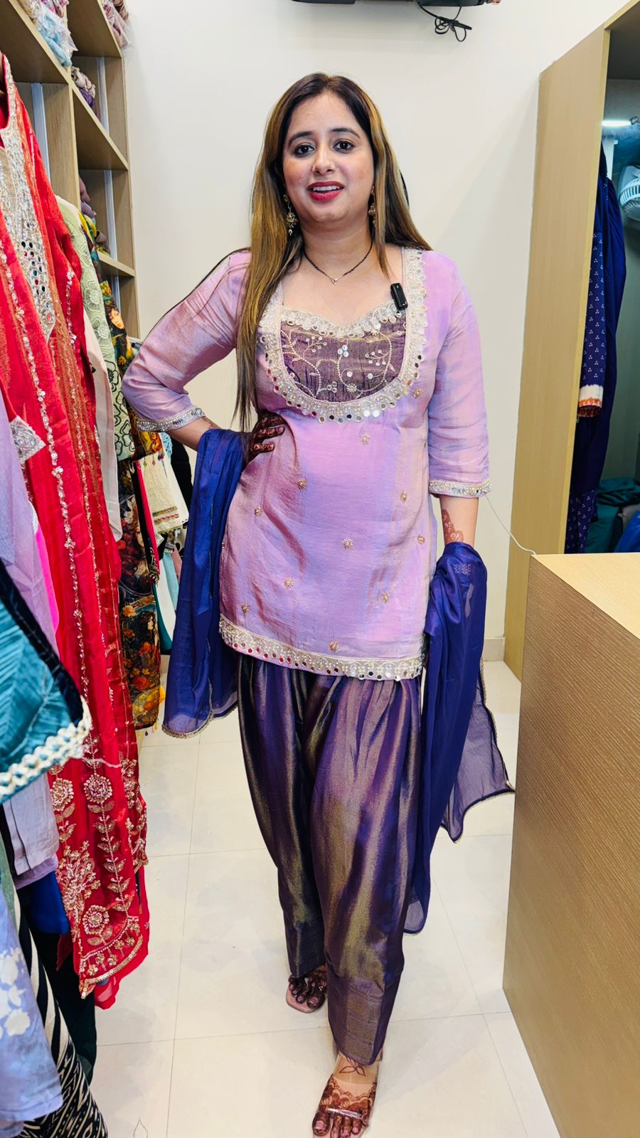 Janvi🪷 | Designer Lavender Punjabi Suit Set with Navy Silk Patiala & Dupatta