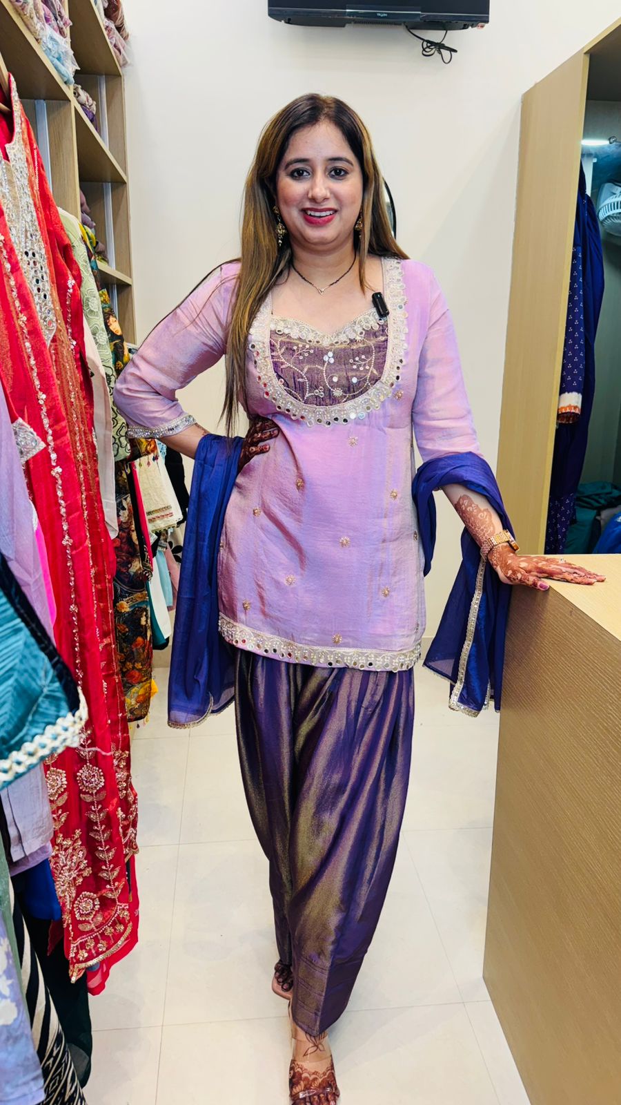 Janvi🪷 | Designer Lavender Punjabi Suit Set with Navy Silk Patiala & Dupatta