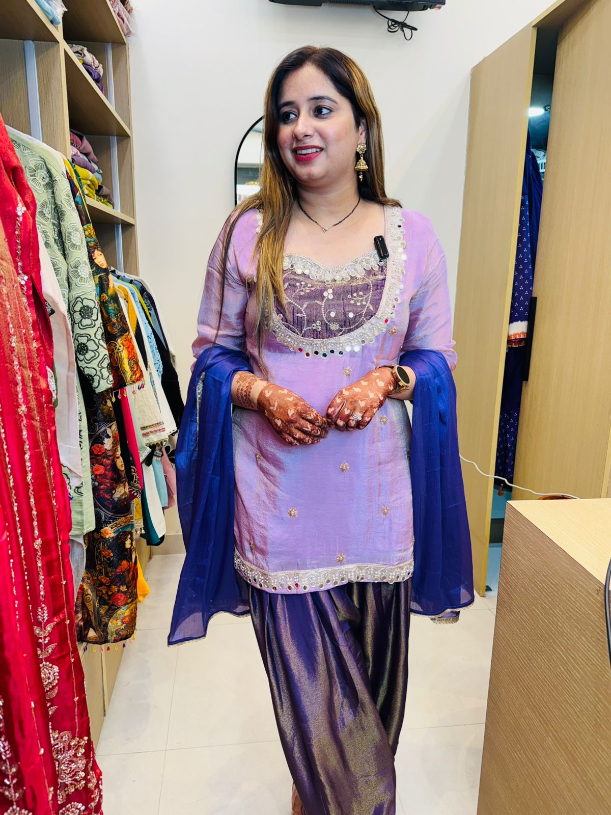 Janvi🪷 | Designer Lavender Punjabi Suit Set with Navy Silk Patiala & Dupatta