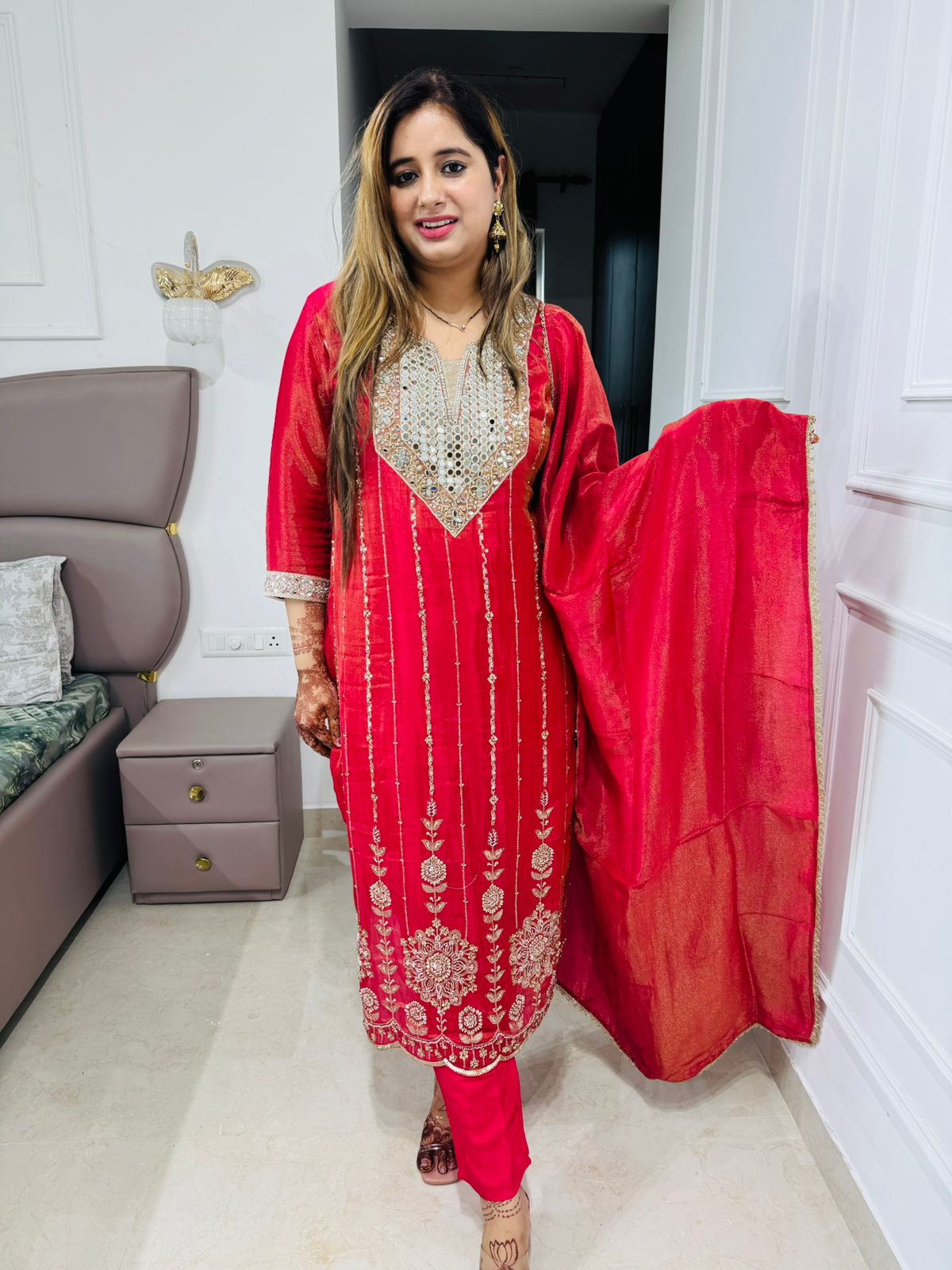 Noor👑 | Ruby Red Straight Suit Set with Silver Zari Embroidered Neckline