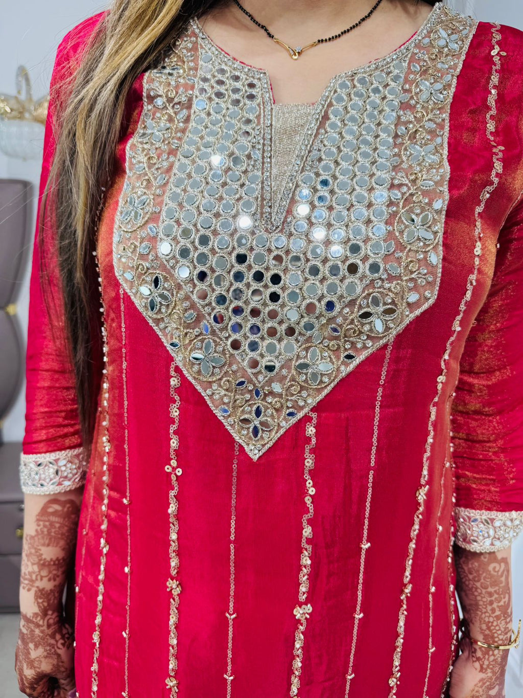 Noor👑 | Ruby Red Straight Suit Set with Silver Zari Embroidered Neckline