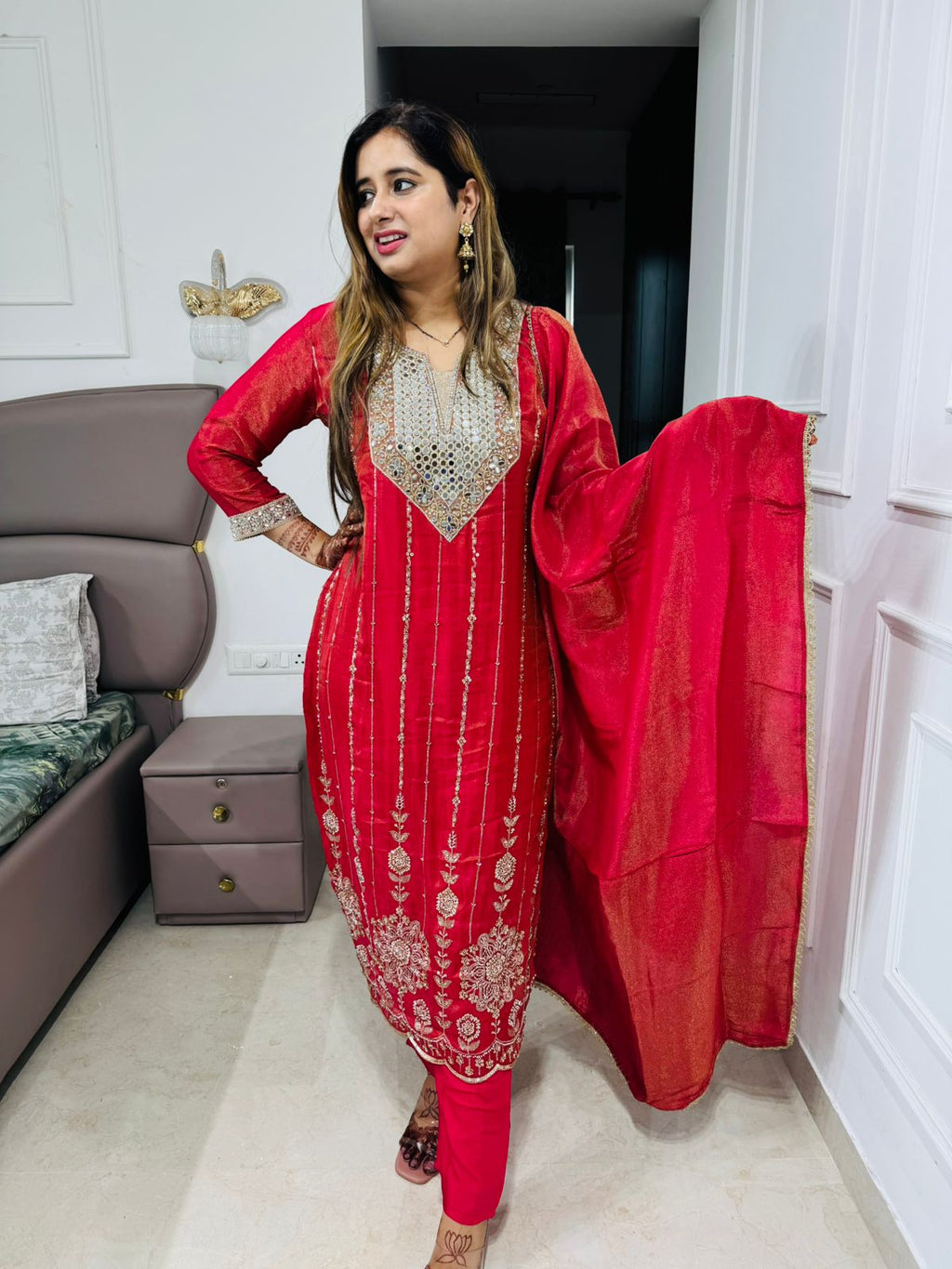 Noor👑 | Ruby Red Straight Suit Set with Silver Zari Embroidered Neckline