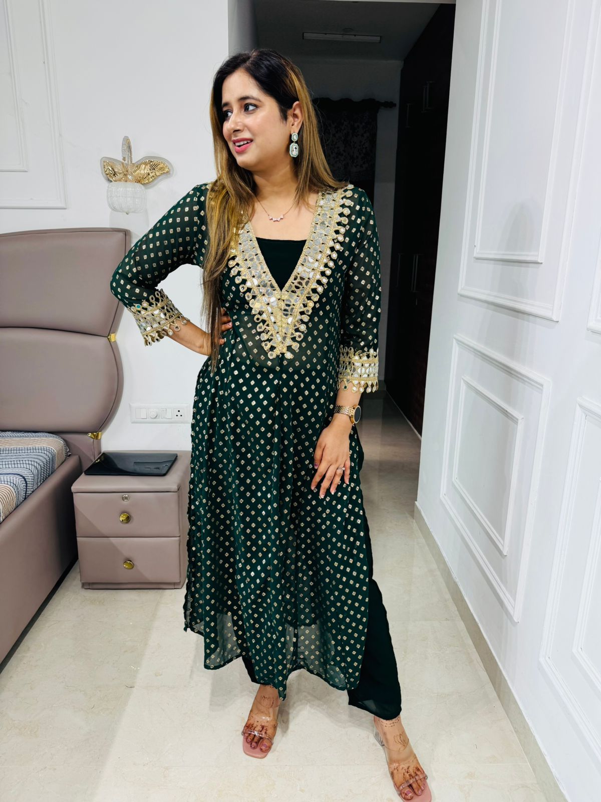 Shanya💫 | Trendy Olive and Gold Straight Kurta Set with V-Neck Tassel Detailing