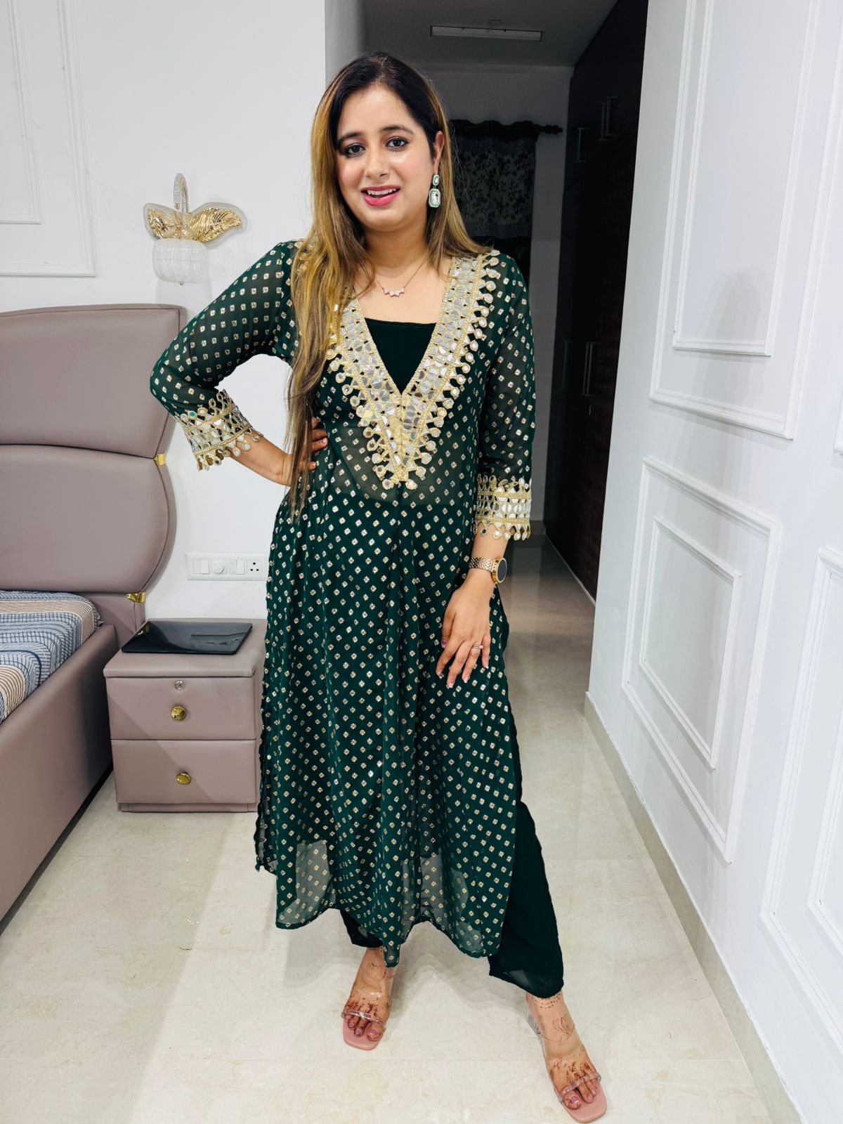 Shanya💫 | Trendy Olive and Gold Straight Kurta Set with V-Neck Tassel Detailing