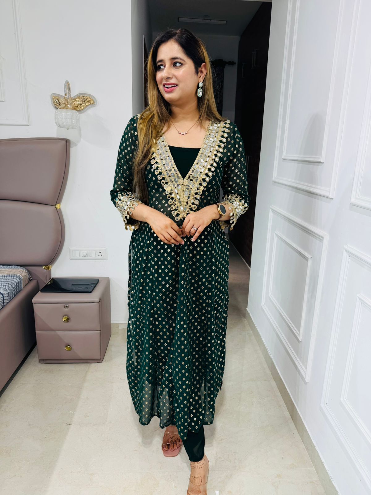 Shanya💫 | Trendy Olive and Gold Straight Kurta Set with V-Neck Tassel Detailing