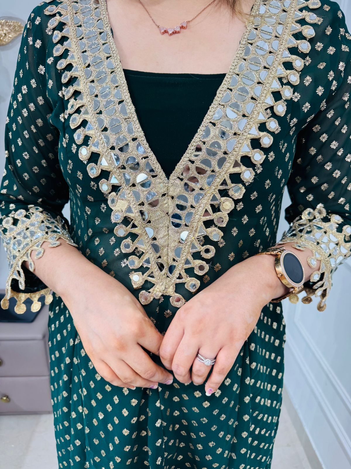 Shanya💫 | Trendy Olive and Gold Straight Kurta Set with V-Neck Tassel Detailing