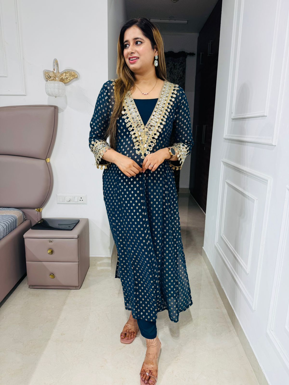 Shanya💫 | Trendy Blue and Gold Straight Kurta Set with V-Neck Tassel Detailing