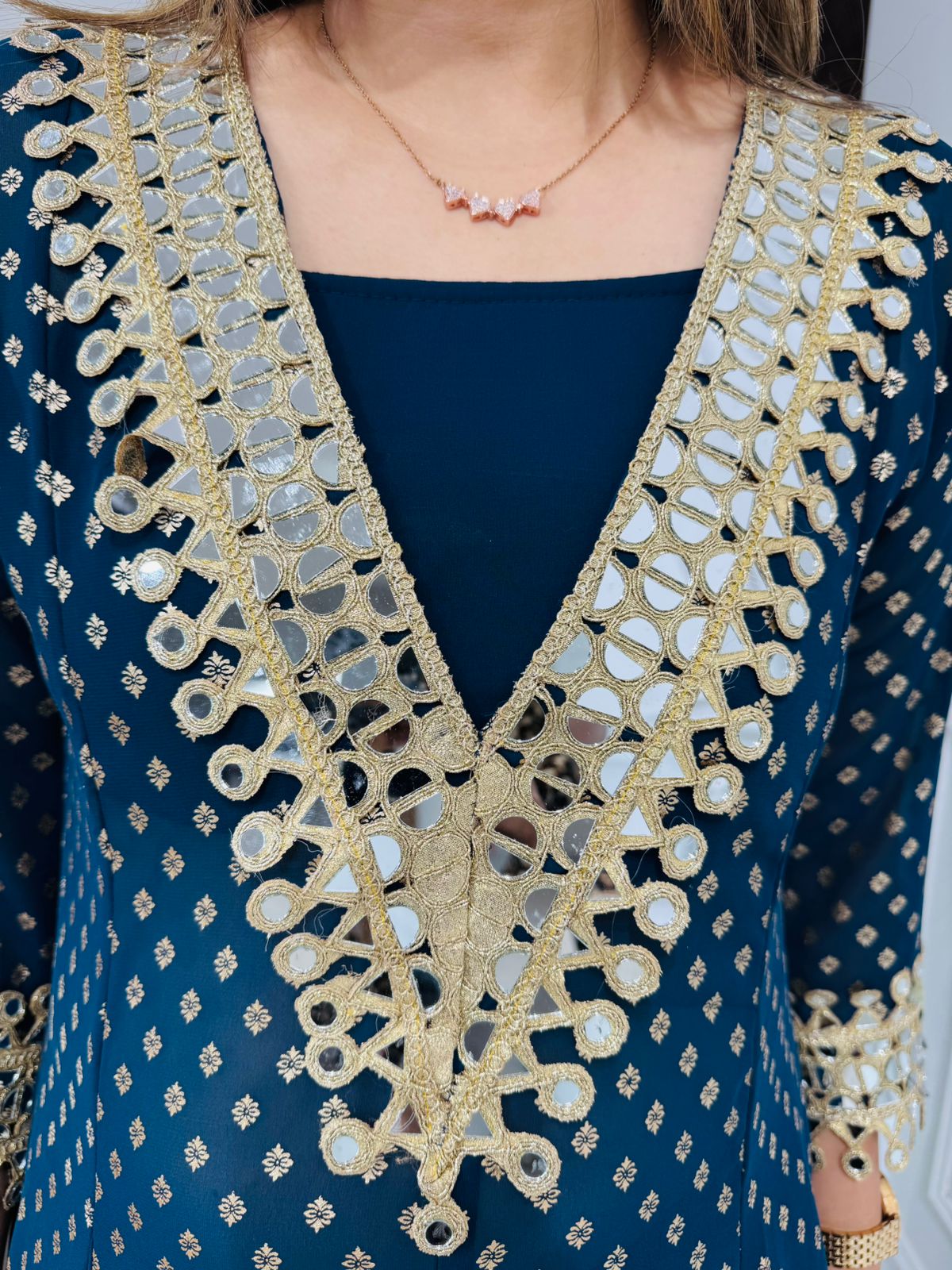 Shanya💫 | Trendy Blue and Gold Straight Kurta Set with V-Neck Tassel Detailing