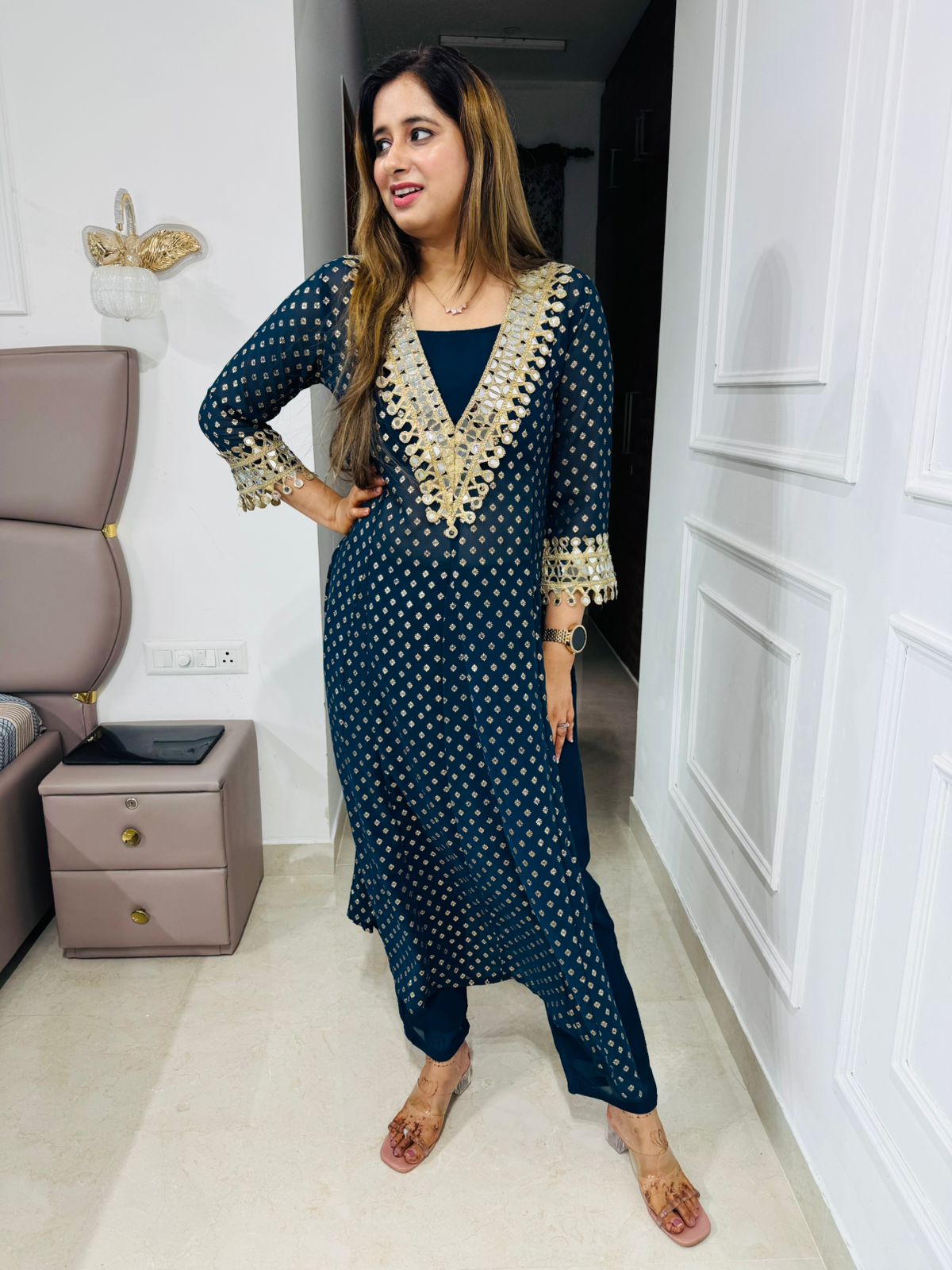 Shanya💫 | Trendy Blue and Gold Straight Kurta Set with V-Neck Tassel Detailing