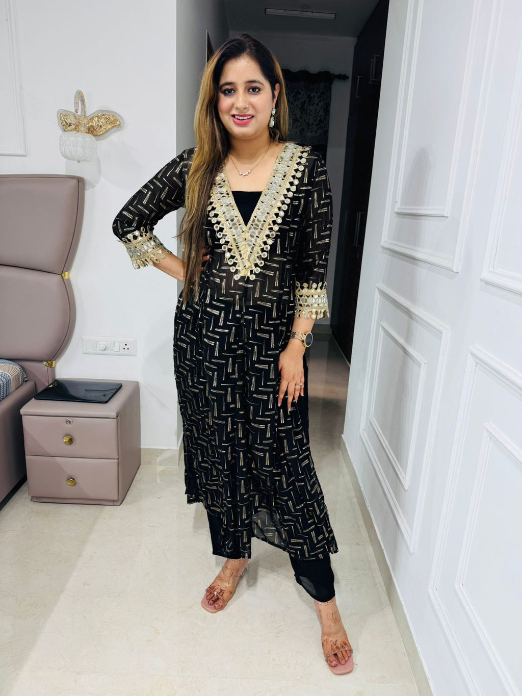 Shanya💫 | Trendy Black and Gold Straight Kurta Set with V-Neck Tassel Detailing