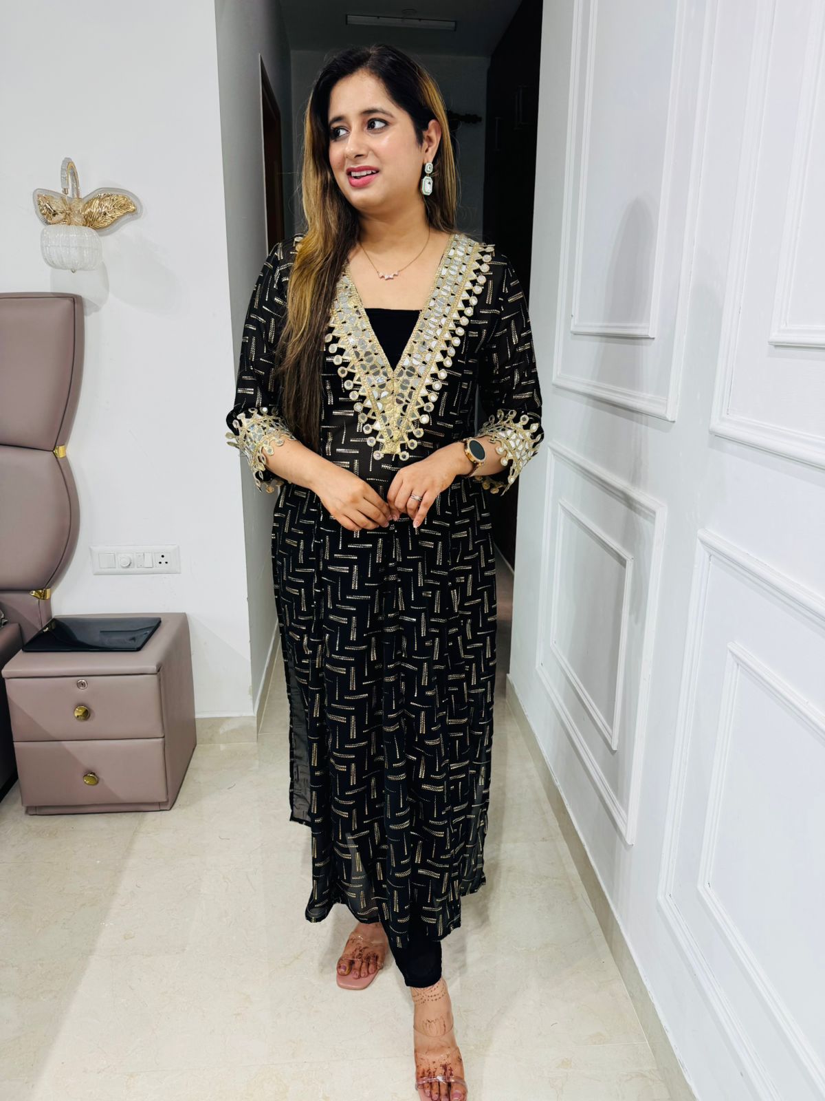 Shanya💫 | Trendy Black and Gold Straight Kurta Set with V-Neck Tassel Detailing