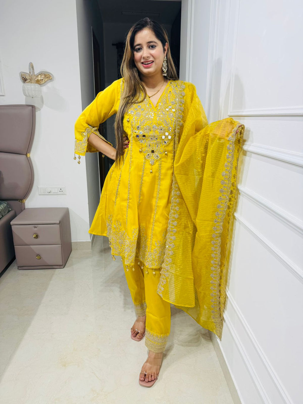 Ridhima🌸 | Designer Canary Yellow Anarkali Kurta Set with Heavy Embroidery
