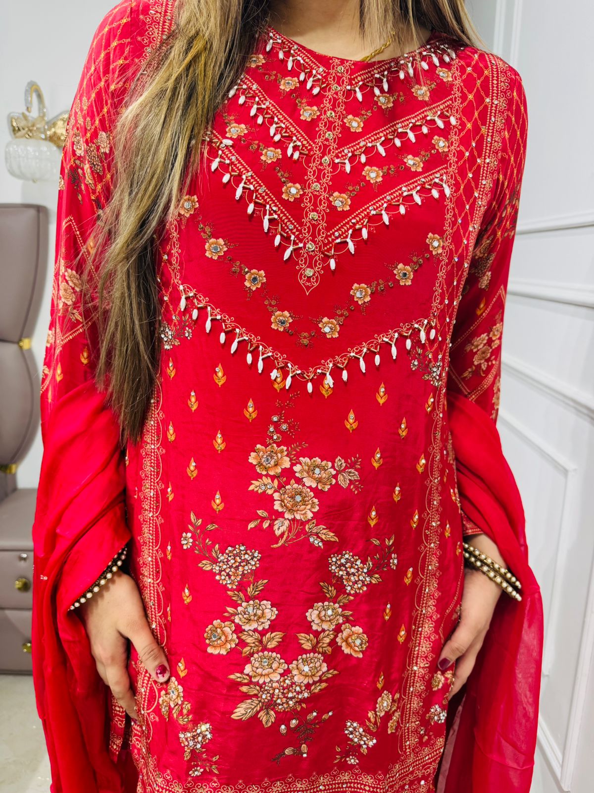 Romi👗 | Festive Red Sharara Suit with Floral Gota Work and Dupatta
