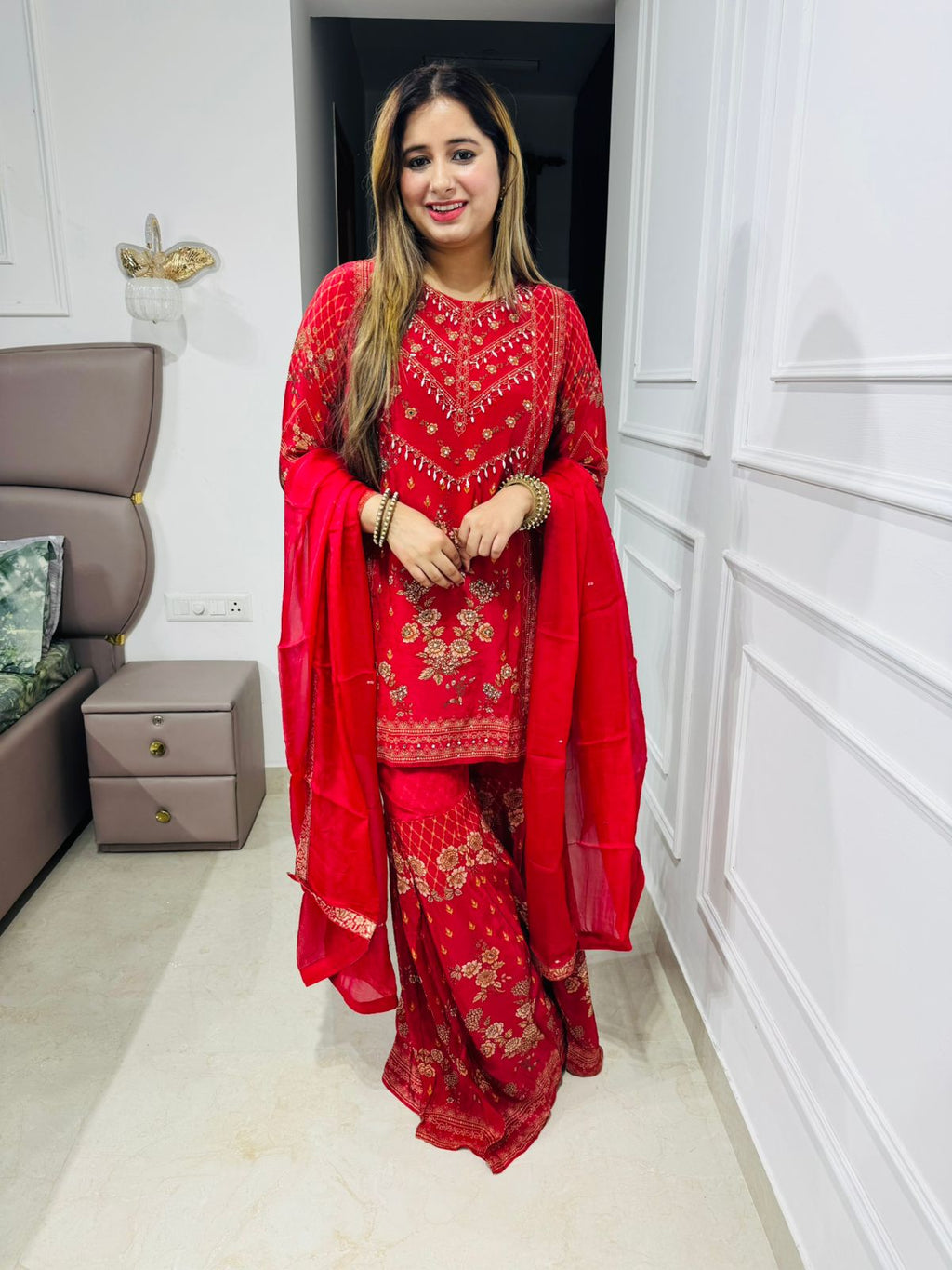 Romi👗 | Festive Red Sharara Suit with Floral Gota Work and Dupatta
