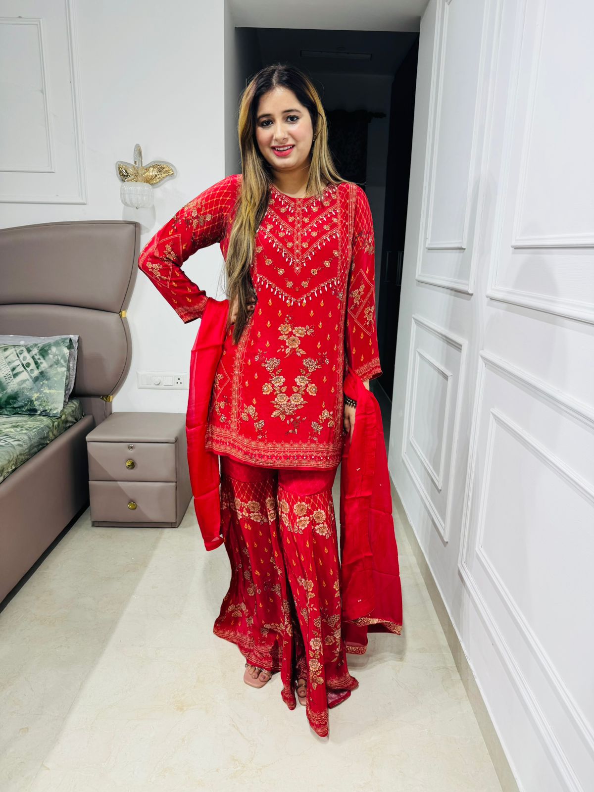 Romi👗 | Festive Red Sharara Suit with Floral Gota Work and Dupatta