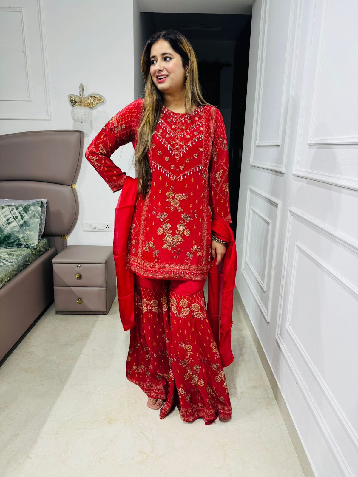 Romi👗 | Festive Red Sharara Suit with Floral Gota Work and Dupatta