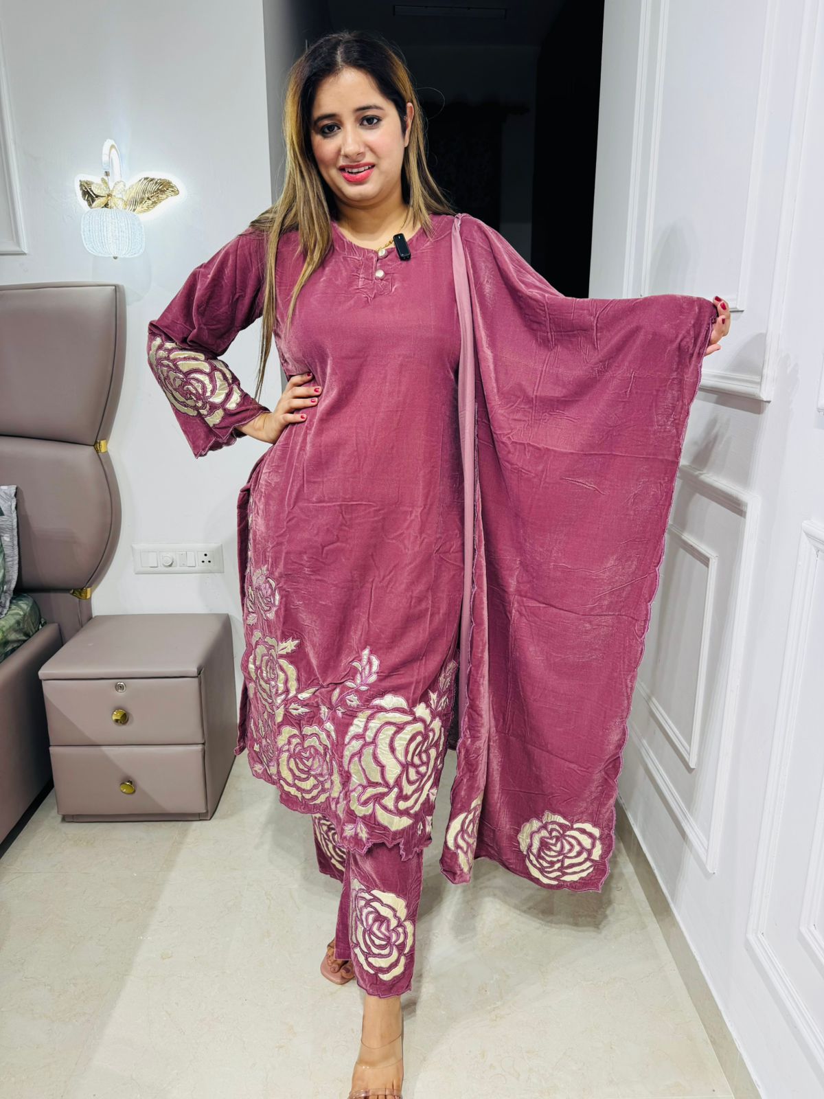 Karuna💗 | Elegant Pink Straight Suit Set with Rosy Floral Borders