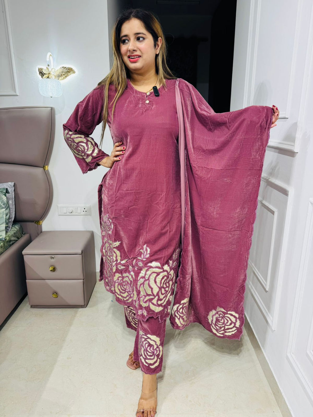 Karuna💗 | Elegant Pink Straight Suit Set with Rosy Floral Borders