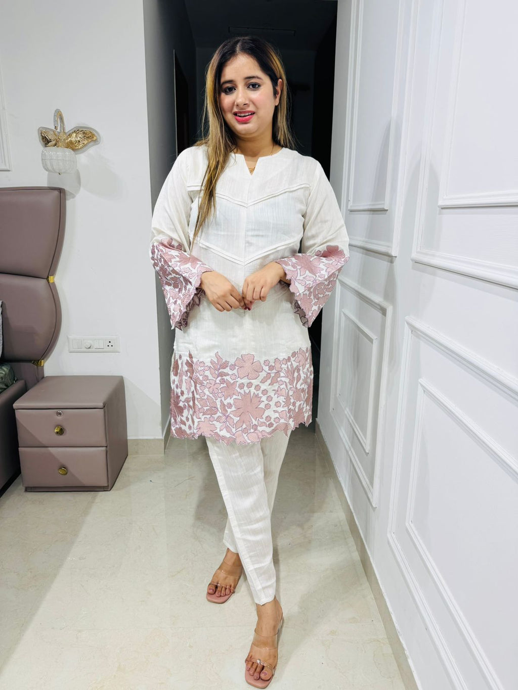 Rashmita💫 | Elegant Off-White Straight Suit Set with Rosy Floral Borders