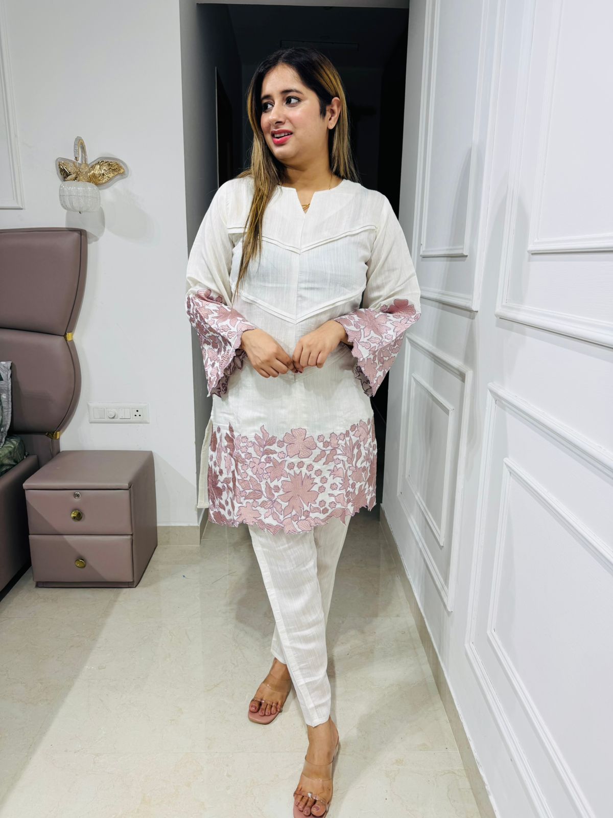 Rashmita💫 | Elegant Off-White Straight Suit Set with Rosy Floral Borders