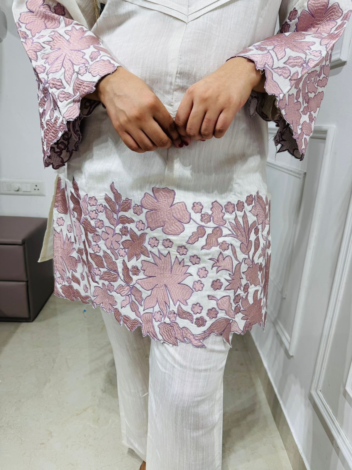 Rashmita💫 | Elegant Off-White Straight Suit Set with Rosy Floral Borders