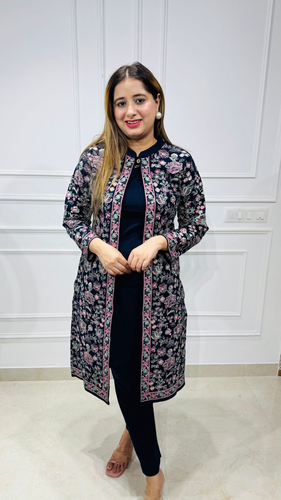 Velvaya🤎 | Black Straight Ethnic Kurta Set with Pink Thread Embroidery Jacket