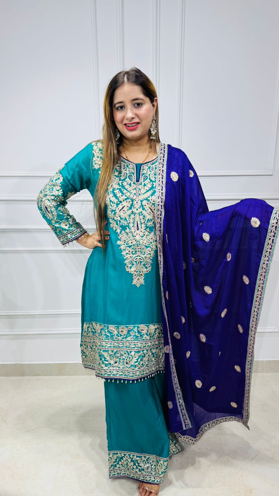 Nehvra🩵 | Luxury Teal Embroidered Punjabi Suit Set with Zari Work and Contrast Dupatta