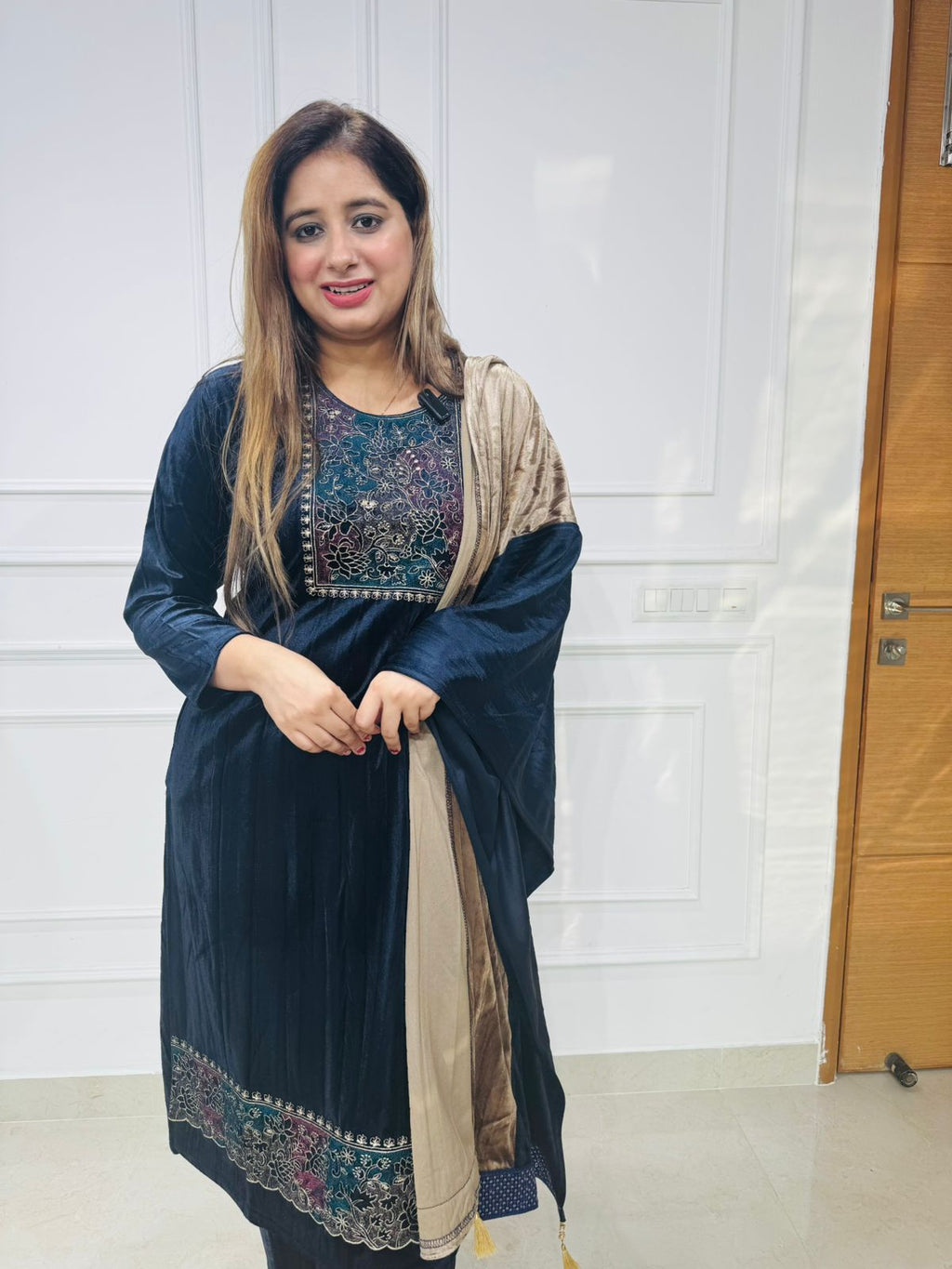 Vayra🦋 | Elegant Navy Velvet Festive Suit Set with Taupe Gold Dupatta