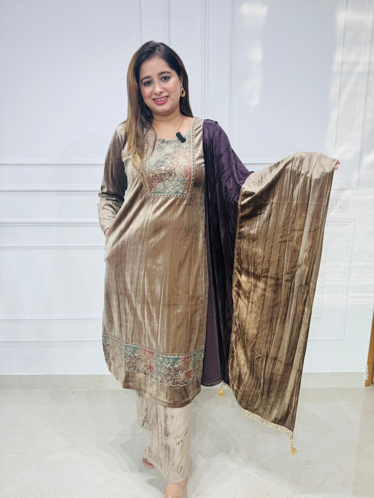 Eshaya🌻| Beige Velvet Embroidered Suit Set with Beige Gold-Plum Dupatta