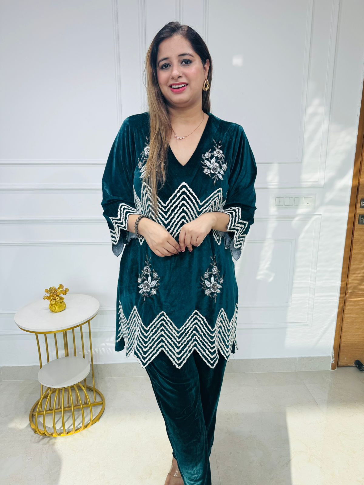 Veedi💖 | Designer Teal Velvet Straight Co-ord Set with Zigzag Border Detailing