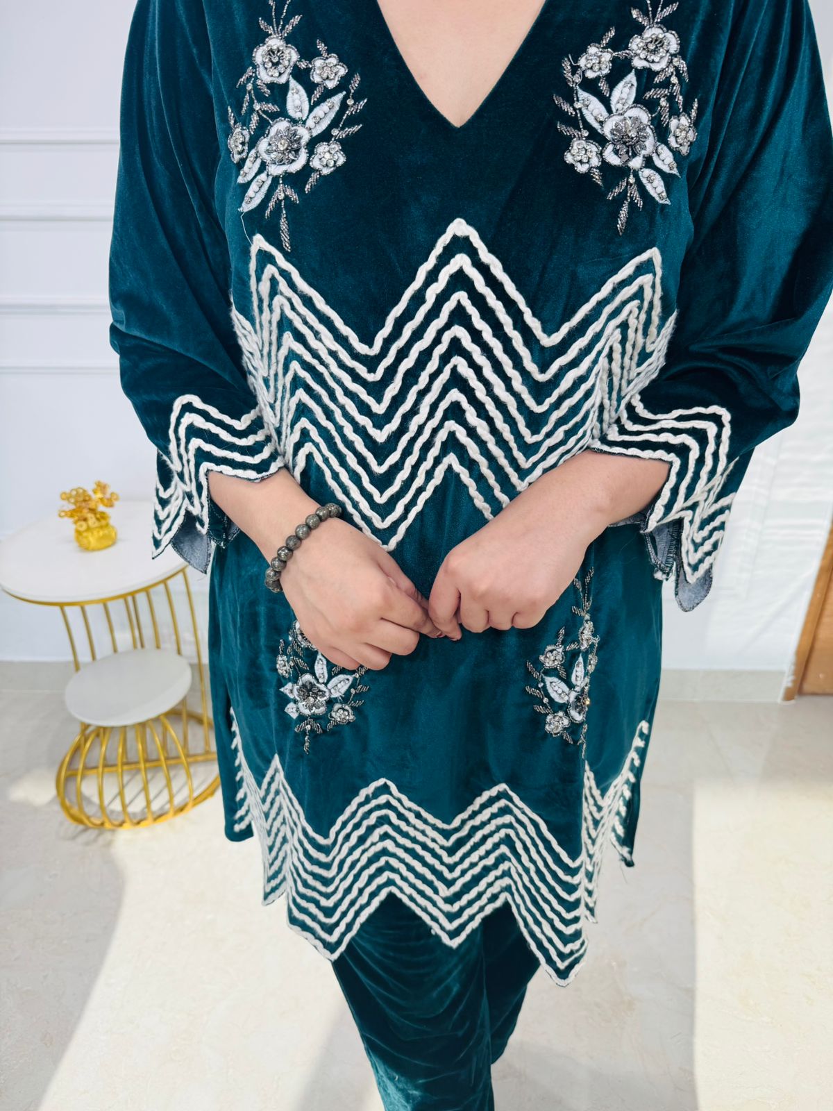 Veedi💖 | Designer Teal Velvet Straight Co-ord Set with Zigzag Border Detailing