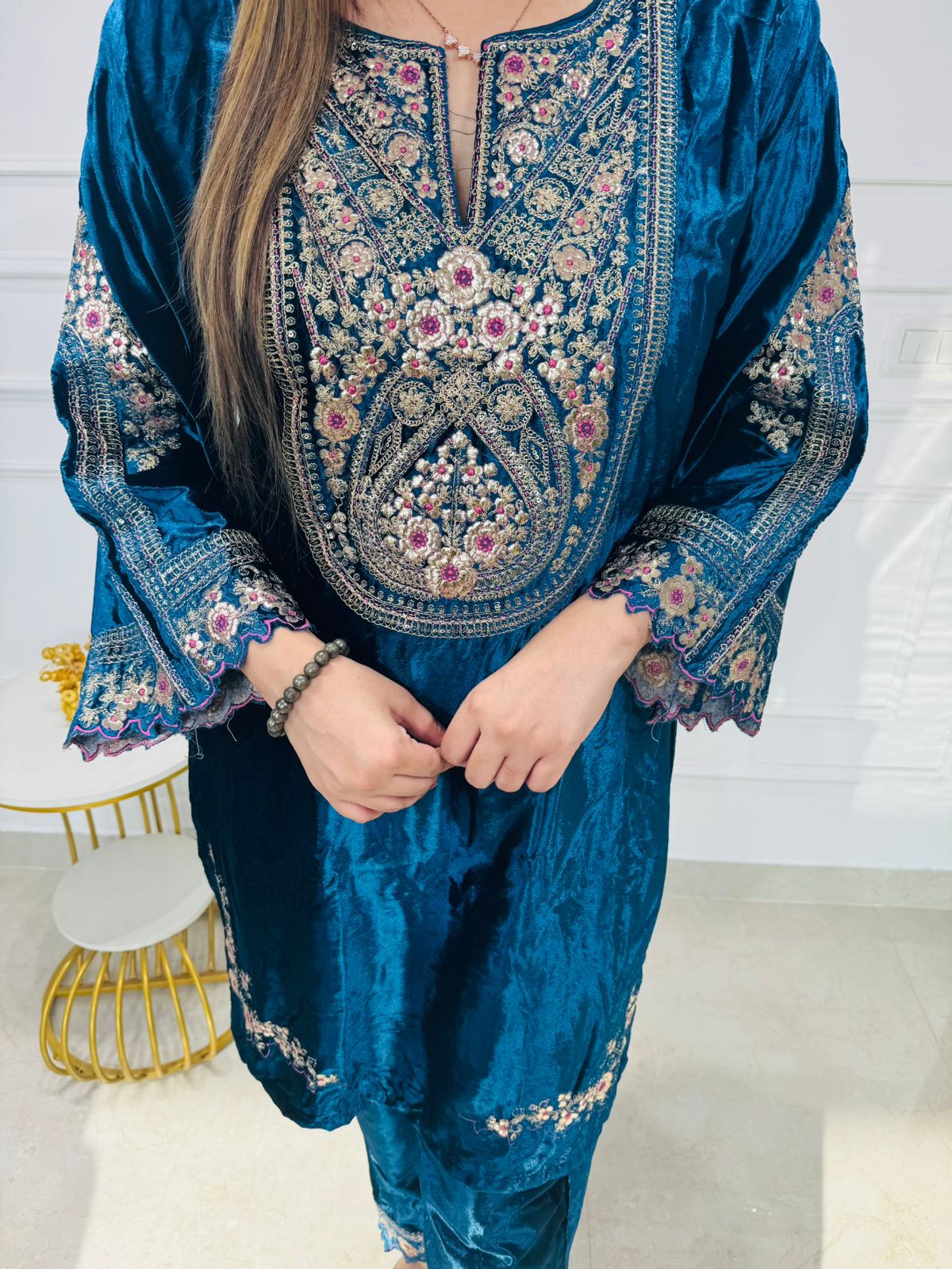 Reeva✨ | Premium Teal Velvet Festive Suit Set with Floral Zari Details