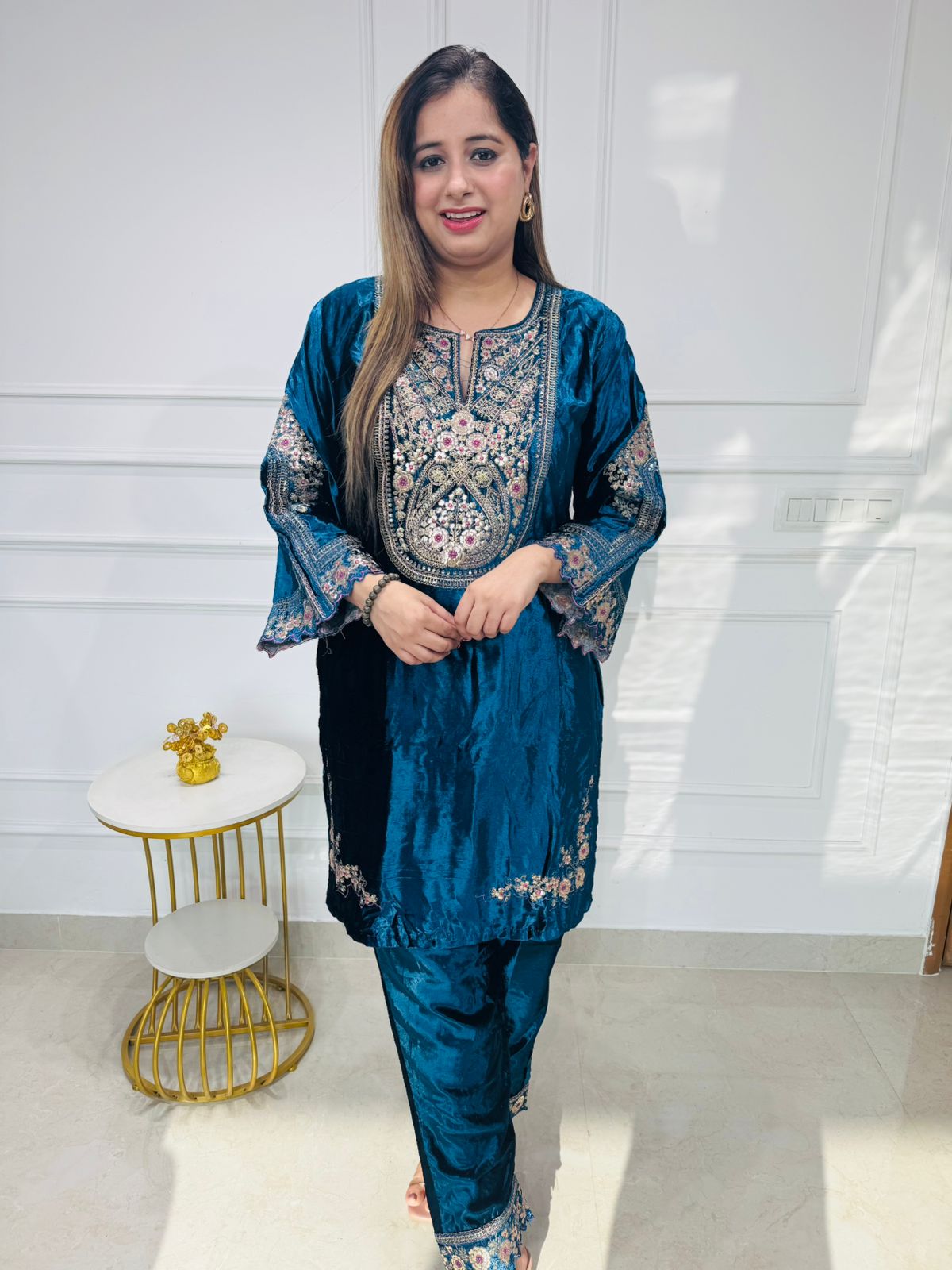 Reeva✨ | Premium Teal Velvet Festive Suit Set with Floral Zari Details