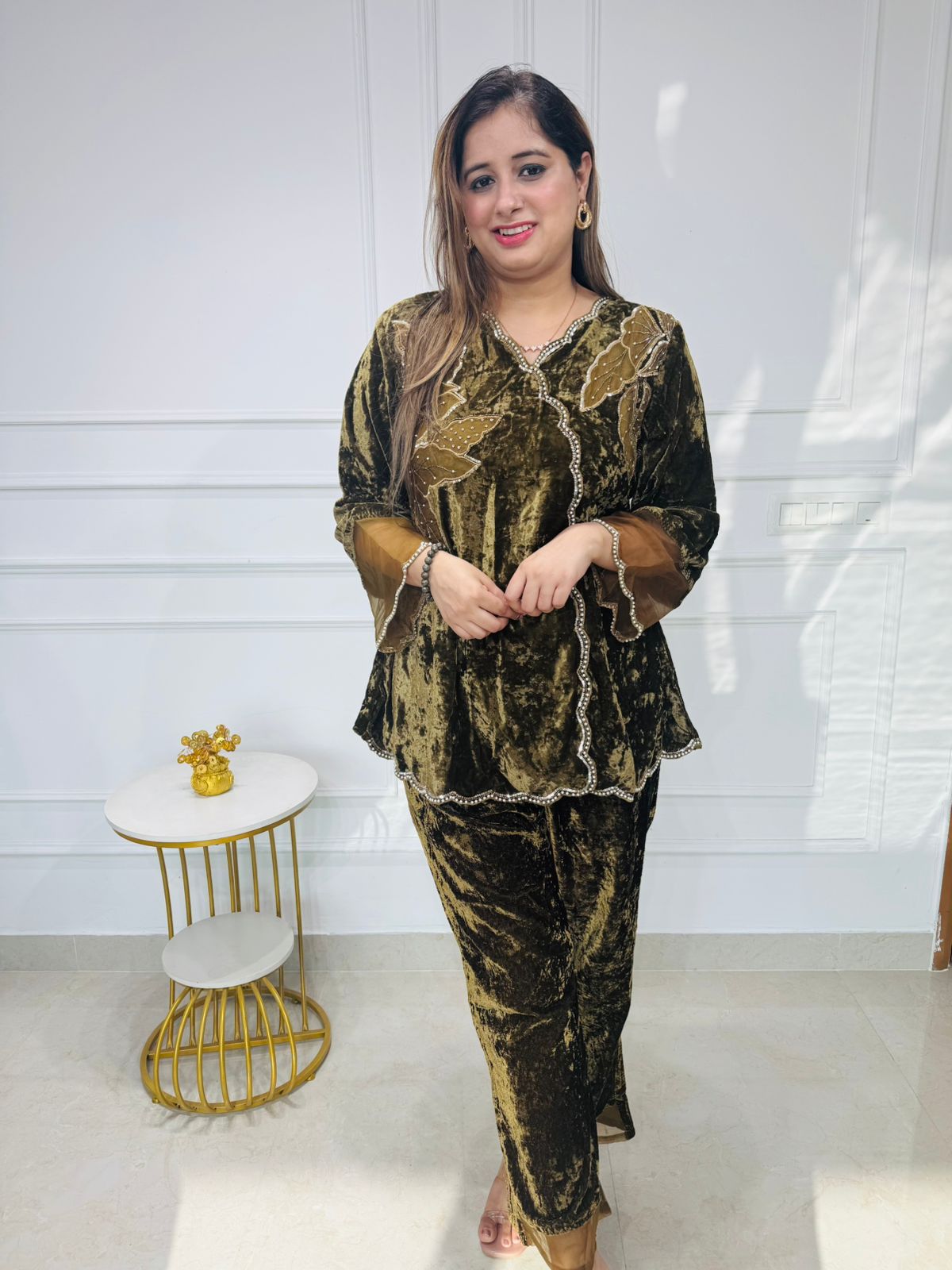 Zara🔥 | Olive Green Crushed Velvet Co-ord with Metallic Leaf Appliqué