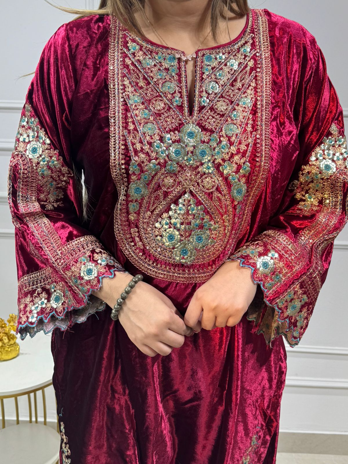 Kanishka🏹 | Maroon Velvet Festive Suit Set with Grand Beaded & Thread Embroidery