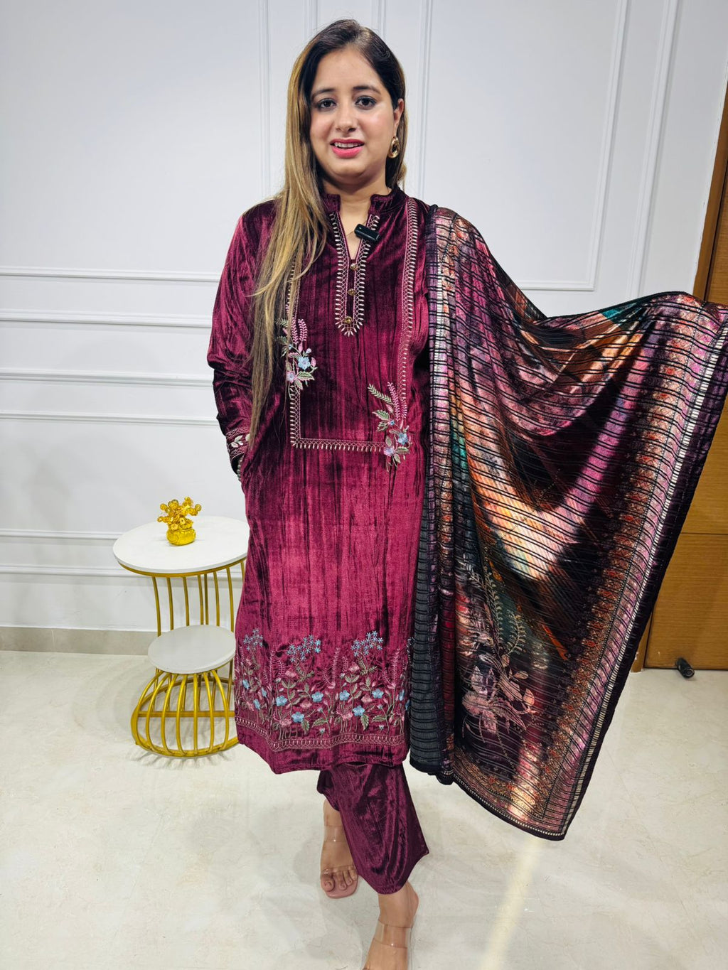 Sanvi😇 | Premium Wine Velvet Festive Suit Set with Statement Dupatta