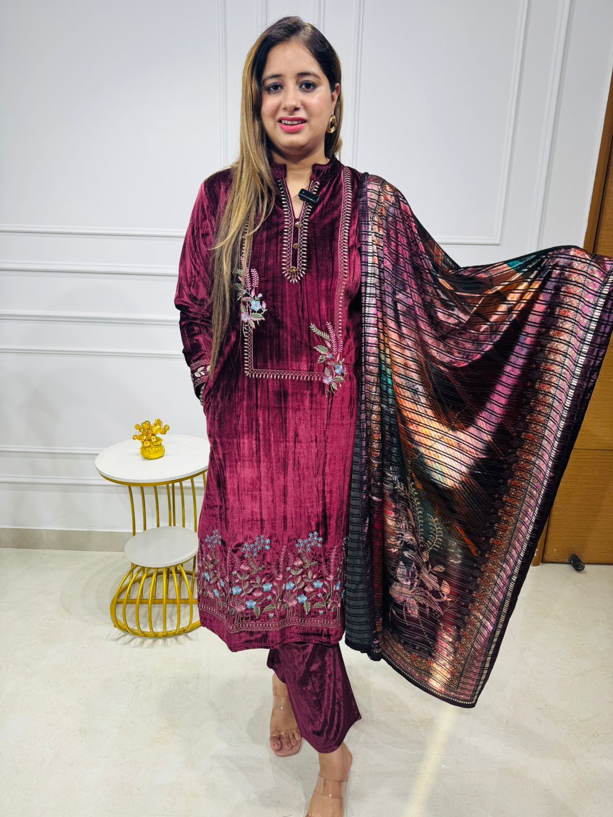Sanvi😇 | Premium Wine Velvet Festive Suit Set with Statement Dupatta