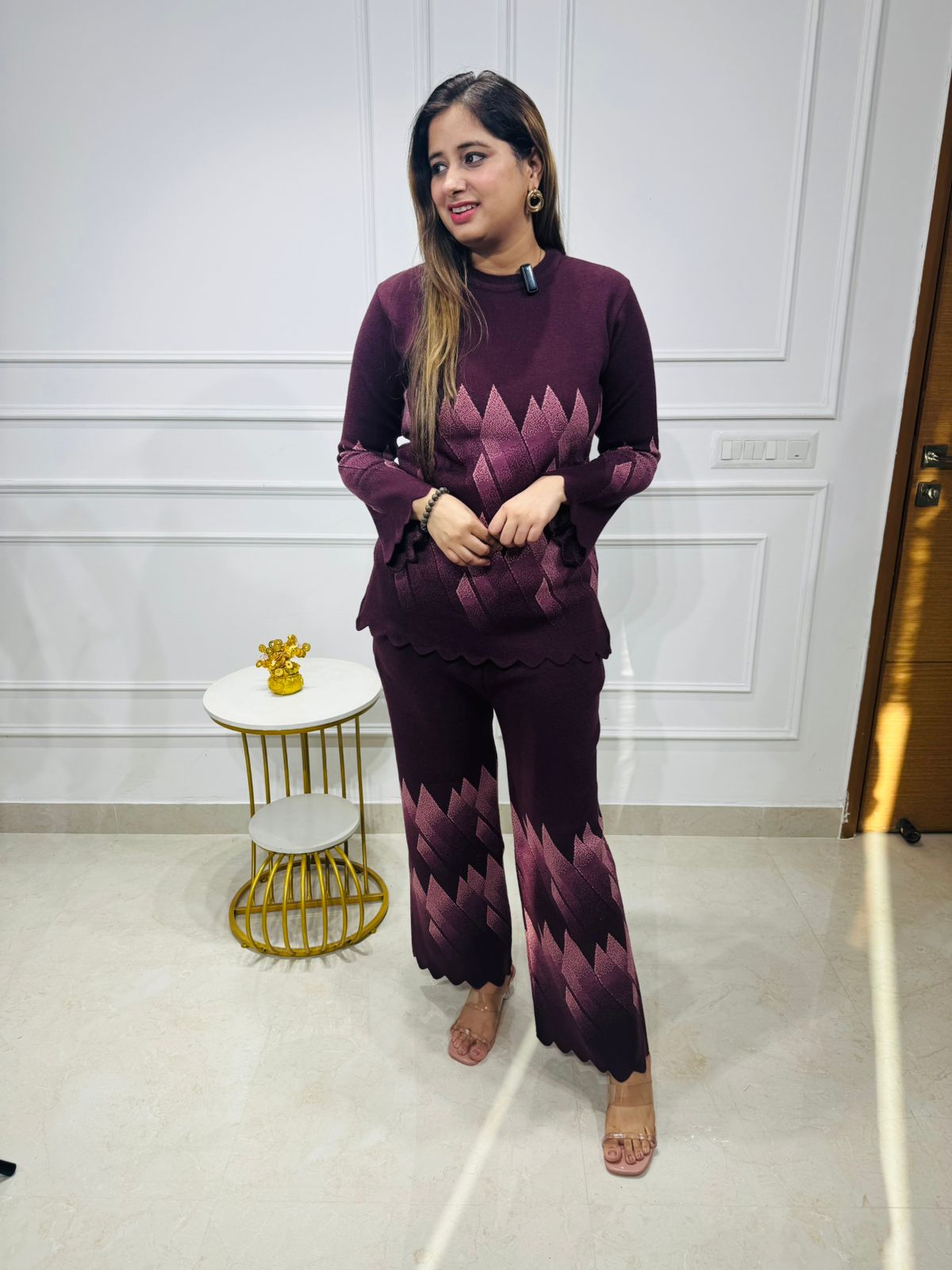 Aaliyah 🦋 | Wine Winter Knit Co-ord Set with Scallop Detailing and Geometric Pattern