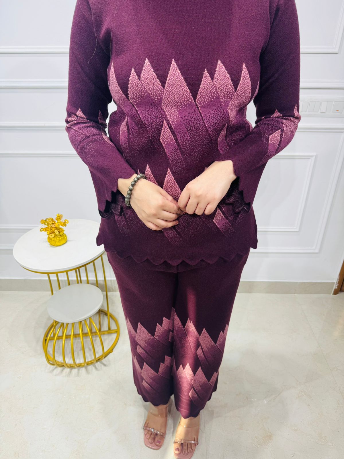 Aaliyah 🦋 | Wine Winter Knit Co-ord Set with Scallop Detailing and Geometric Pattern
