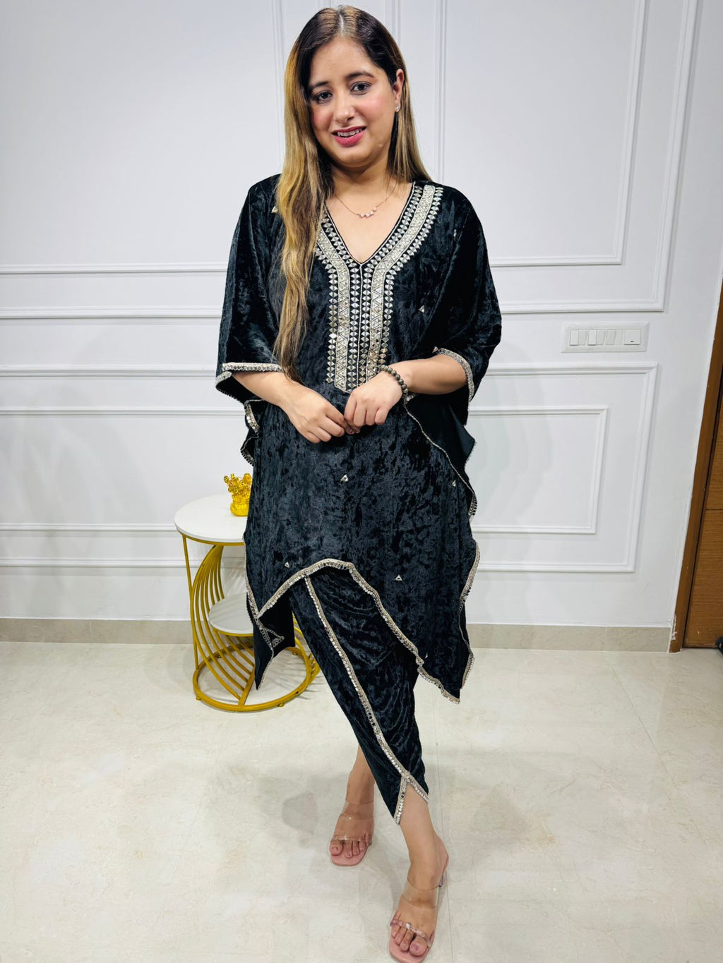 Velvetuxe ✨ | Luxe Black Velvet Kaftan Suit with Handcrafted Mirror Detailing