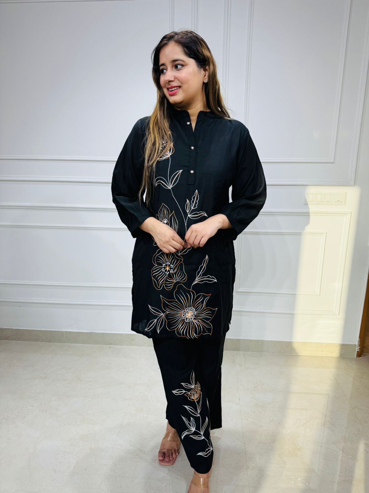 Fyn 🖤 | Classic Black Co-ord Set with Statement White Floral Threadwork