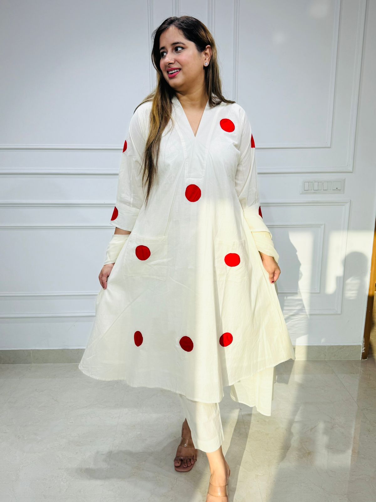 Nue☁️ | Ivory Flared Kurta Pant Set with Bold Red Dots
