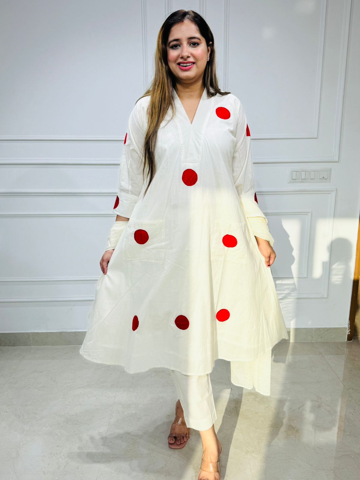 Nue☁️ | Ivory Flared Kurta Pant Set with Bold Red Dots