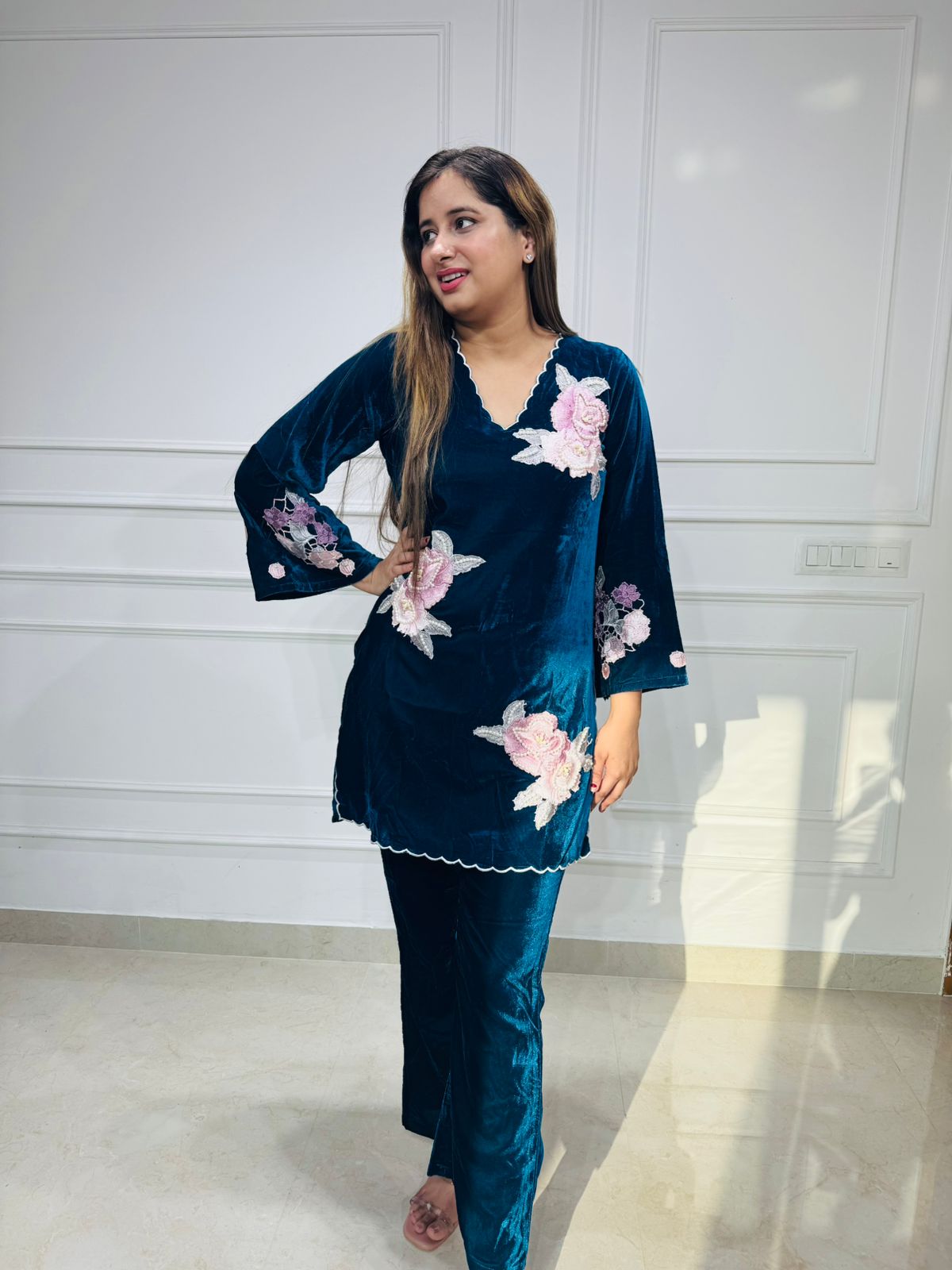 Moda🪡 | Teal Blue Velvet Co-ord Set with 3D Floral Embroidery